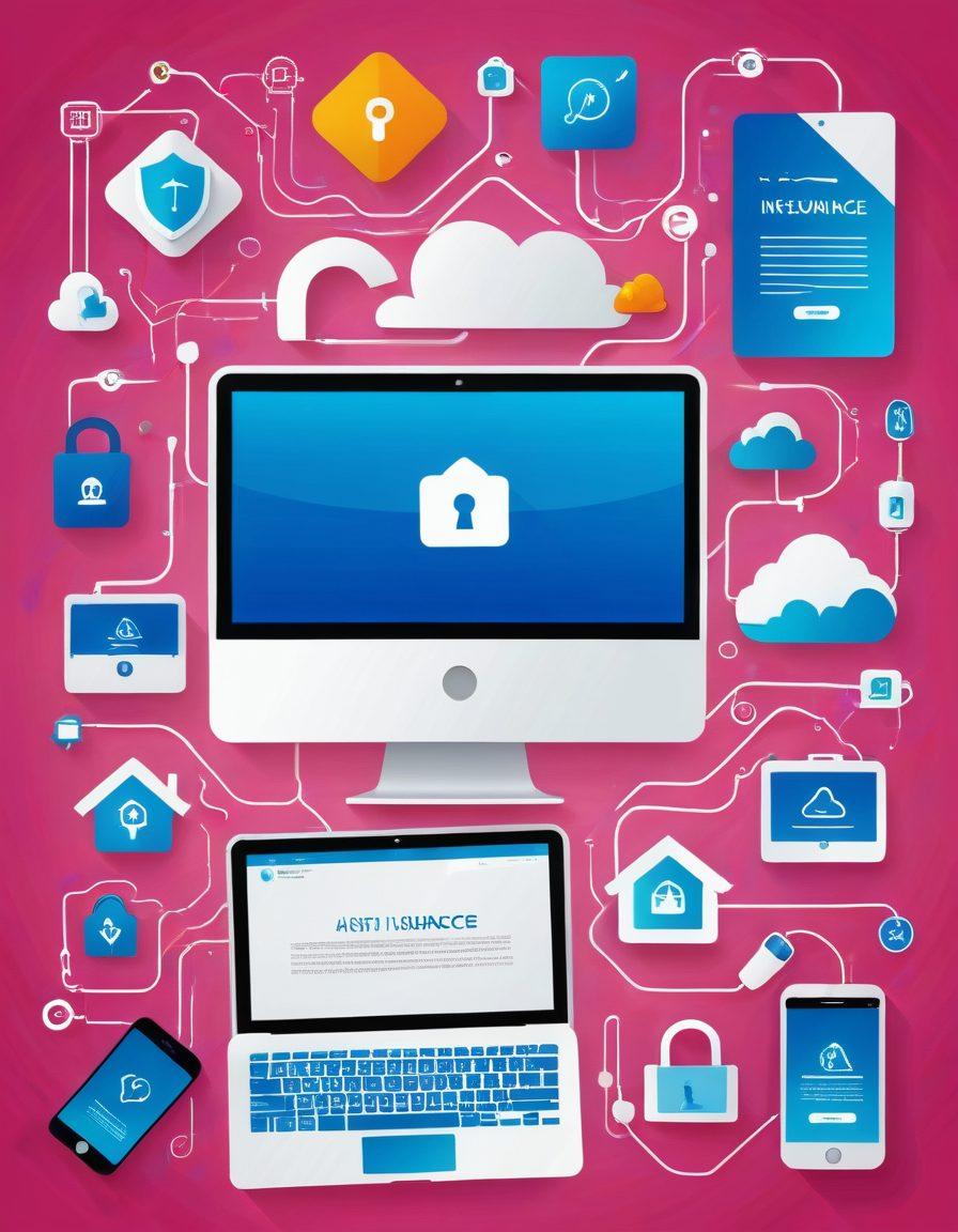 A modern digital landscape showcasing various online insurance platforms on sleek devices like laptops and smartphones. Incorporate icons representing different types of coverage, like health, auto, and home insurance, interconnected with a smooth flowing design. Use bright colors to symbolize clarity and efficiency in the insurance process. Include abstract representations of data security, like a padlock symbol, enhancing the theme of trust. super-realistic. vibrant colors. clean white background.