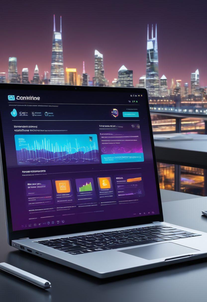 A futuristic laptop displaying a dynamic insurance comparison website on its screen, surrounded by floating icons of quotes and reviews. In the background, a seamless blend of a bustling urban skyline and digital graphs symbolizing data analysis. Illuminated by vibrant colors to evoke innovation and technology, with a clean and modern aesthetic. 3D. vibrant colors.