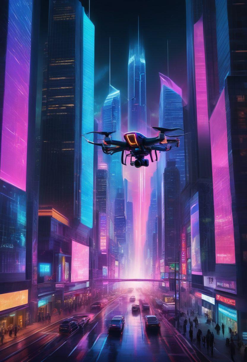 A futuristic cityscape illustrating the digital age, with holographic displays showcasing smart insurance solutions. Include diverse individuals using technology, such as smartphones and augmented reality glasses, while interacting with digital insurance interfaces. Bright neon lights and a mix of traditional and modern architecture in the background to emphasize innovation. Overhead drones symbolize advancement in technology. vibrant colors. cyberpunk.